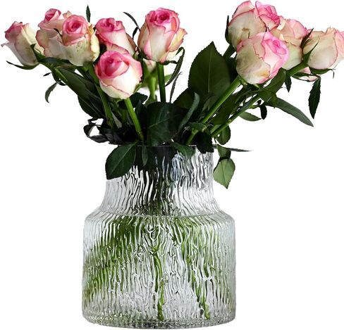Clear Glass Vase for Fresh Flowers, Ribbed Cute Modern Vase, Unique Wide Stable Bottom, Ideal for Flower Arrangement Aesthetic, Table Centerpiece Decor in Saudi Arabia