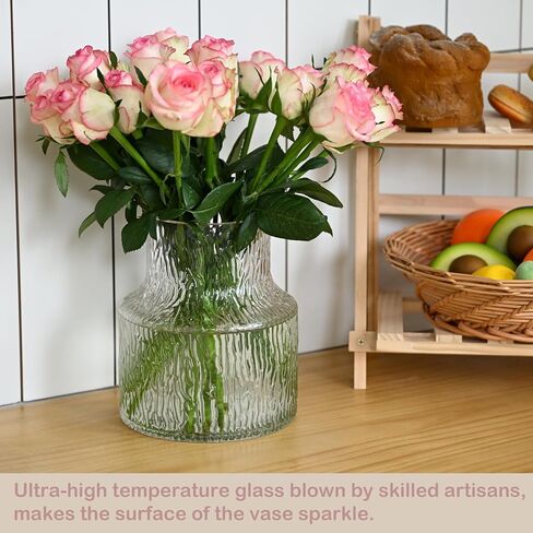 Clear Glass Vase for Fresh Flowers, Ribbed Cute Modern Vase, Unique Wide Stable Bottom, Ideal for Flower Arrangement Aesthetic, Table Centerpiece Decor in Saudi Arabia