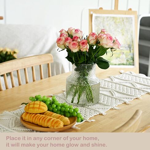 Clear Glass Vase for Fresh Flowers, Ribbed Cute Modern Vase, Unique Wide Stable Bottom, Ideal for Flower Arrangement Aesthetic, Table Centerpiece Decor in Saudi Arabia