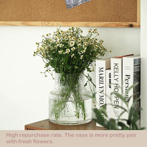 Clear Glass Vase for Fresh Flowers, Ribbed Cute Modern Vase, Unique Wide Stable Bottom, Ideal for Flower Arrangement Aesthetic, Table Centerpiece Decor in Saudi Arabia