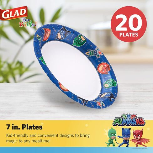 Glad for Kids 7 inch PJ Masks Comics Paper Plates, 20 Ct | Disposable Paper Plates with PJ Masks Superhero Comics Design | Heavy Duty Soak Proof Microwavable Paper Plates for Everyday Use in Saudi Arabia
