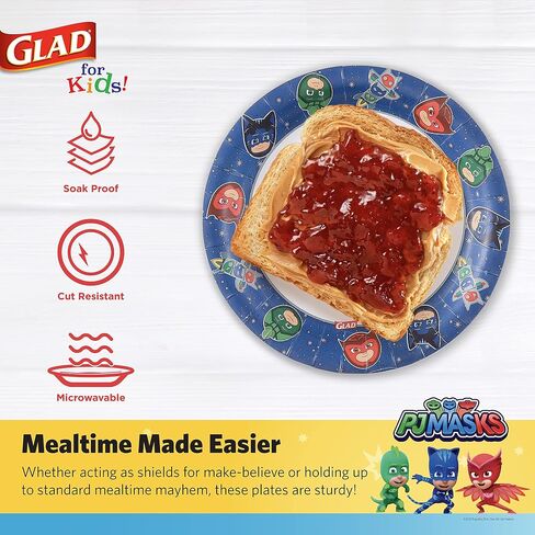 Glad for Kids 7 inch PJ Masks Comics Paper Plates, 20 Ct | Disposable Paper Plates with PJ Masks Superhero Comics Design | Heavy Duty Soak Proof Microwavable Paper Plates for Everyday Use in Saudi Arabia