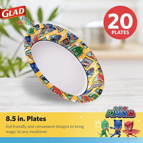 Glad for Kids 7 inch PJ Masks Comics Paper Plates, 20 Ct | Disposable Paper Plates with PJ Masks Superhero Comics Design | Heavy Duty Soak Proof Microwavable Paper Plates for Everyday Use in Saudi Arabia