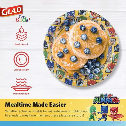 Glad for Kids 7 inch PJ Masks Comics Paper Plates, 20 Ct | Disposable Paper Plates with PJ Masks Superhero Comics Design | Heavy Duty Soak Proof Microwavable Paper Plates for Everyday Use in Saudi Arabia