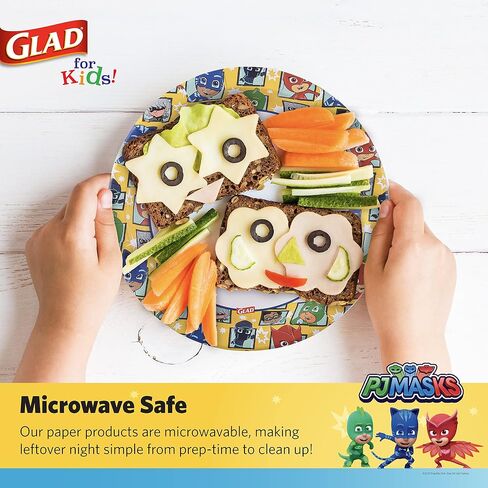 Glad for Kids 7 inch PJ Masks Comics Paper Plates, 20 Ct | Disposable Paper Plates with PJ Masks Superhero Comics Design | Heavy Duty Soak Proof Microwavable Paper Plates for Everyday Use in Saudi Arabia