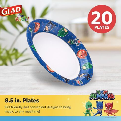 Glad for Kids 7 inch PJ Masks Comics Paper Plates, 20 Ct | Disposable Paper Plates with PJ Masks Superhero Comics Design | Heavy Duty Soak Proof Microwavable Paper Plates for Everyday Use in Saudi Arabia