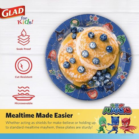 Glad for Kids 7 inch PJ Masks Comics Paper Plates, 20 Ct | Disposable Paper Plates with PJ Masks Superhero Comics Design | Heavy Duty Soak Proof Microwavable Paper Plates for Everyday Use in Saudi Arabia