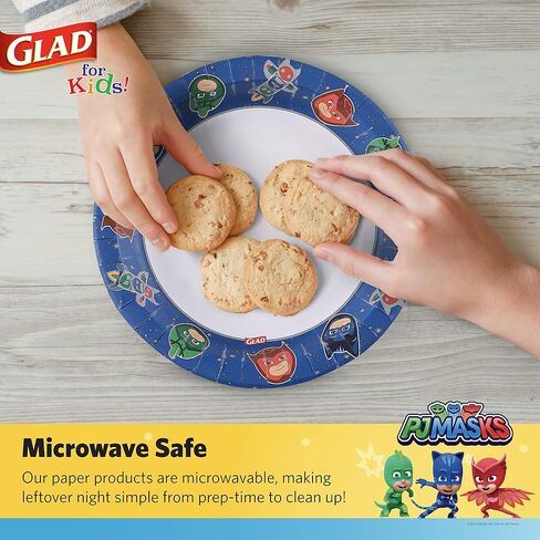 Glad for Kids 7 inch PJ Masks Comics Paper Plates, 20 Ct | Disposable Paper Plates with PJ Masks Superhero Comics Design | Heavy Duty Soak Proof Microwavable Paper Plates for Everyday Use in Saudi Arabia