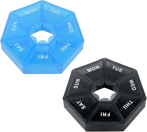 2 قطعة منظم حبوب منع الحمل أسبوعيًا (7 أيام)، صندوق حبوب منع الحمل مقاوم للرطوبة منظم حبوب منع الحمل 7 حجرات توزيع مختومة للمنزل (أزرق + أسود) in Kuwait