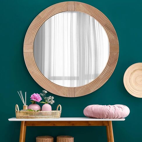 Head West Natural Beige Wood Framed Farmhouse Round Wall Mirror - 32" x 32" in Kuwait