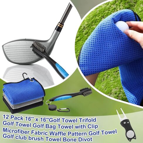 12 عبوة من مناشف الجولف لحقائب الجولف للرجال، مناشف الجولف القرصية مع مشبك من نسيج الألياف الدقيقة بنمط وافل ملحقات الجولف مع فرشاة تنظيف نادي الجولف، مشبك تمديد قابل للسحب (16 × 16 بوصة) in Kuwait