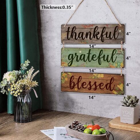 ديكور جدار ريفي 3 قطع شاكرين ممتنين مباركة لوحة خشبية علامات معلقة علامات ديكور الحائط لغرفة المعيشة غرفة نوم المطبخ ديكور المنزل والمكتب in Kuwait