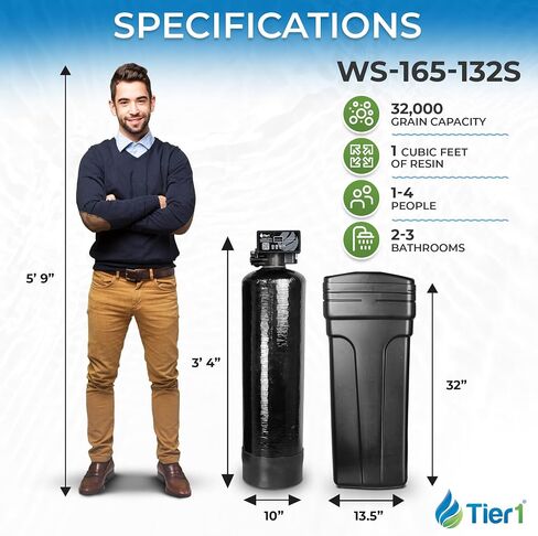 Tier1 Whole House Water Softener System Compact 32,000 Grain High Efficiency with Sediment Pre-filter | Pre-filled mineral tank with 1 cubic foot of Cation Resin | Home Water Filtration System in Saudi Arabia