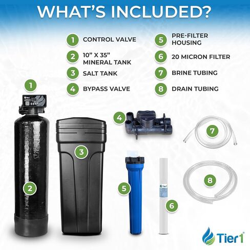Tier1 Whole House Water Softener System Compact 32,000 Grain High Efficiency with Sediment Pre-filter | Pre-filled mineral tank with 1 cubic foot of Cation Resin | Home Water Filtration System in Saudi Arabia