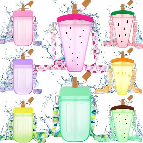 Patelai 8 Pcs Cute Water Bottles with Straw Kawaii Watermelon Ice Cream Cups for Kids Leak Proof Drinking Bottles with Adjustable Shoulder Strap for School Sports Travel Camping (Cute Style) in Saudi Arabia