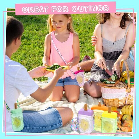 Patelai 8 Pcs Cute Water Bottles with Straw Kawaii Watermelon Ice Cream Cups for Kids Leak Proof Drinking Bottles with Adjustable Shoulder Strap for School Sports Travel Camping (Cute Style) in Saudi Arabia