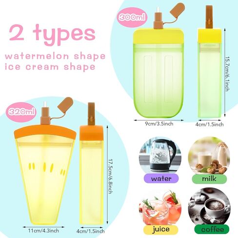Patelai 8 Pcs Cute Water Bottles with Straw Kawaii Watermelon Ice Cream Cups for Kids Leak Proof Drinking Bottles with Adjustable Shoulder Strap for School Sports Travel Camping (Cute Style) in Saudi Arabia