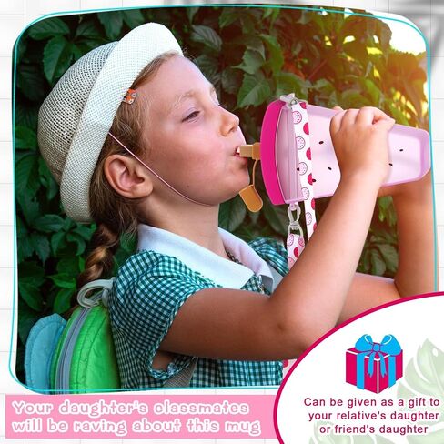 Patelai 8 Pcs Cute Water Bottles with Straw Kawaii Watermelon Ice Cream Cups for Kids Leak Proof Drinking Bottles with Adjustable Shoulder Strap for School Sports Travel Camping (Cute Style) in Saudi Arabia