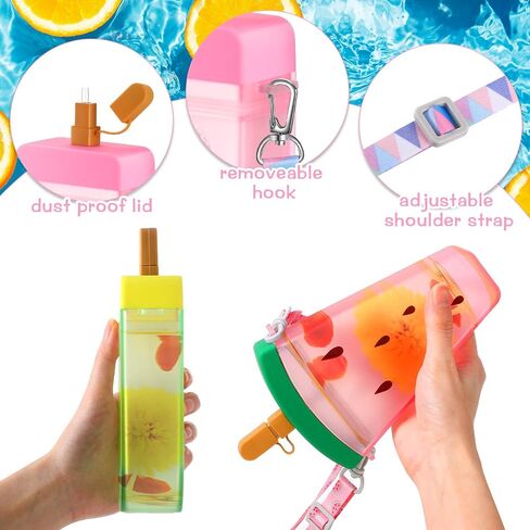 Patelai 8 Pcs Cute Water Bottles with Straw Kawaii Watermelon Ice Cream Cups for Kids Leak Proof Drinking Bottles with Adjustable Shoulder Strap for School Sports Travel Camping (Cute Style) in Saudi Arabia