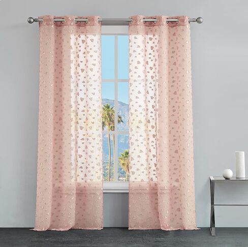 Juicy Couture Ethel Sheer Curtain Panels - Leopard Embellished Light Filtration Drapes - 2 Panel Set - Each of The Wide Curtains Measure 38in x 84in - Cute Pom Pom Design - Sheer Pink in Saudi Arabia