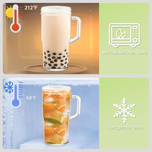 4-Pack 24oz Glass Tumbler Cups with Handle, Bamboo Lids, and Straws - Reusable Mason Jar Drinking Glasses for Iced Coffee, Smoothies, Beer, Juice, and Tea in Saudi Arabia