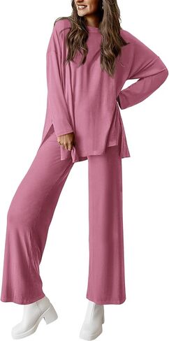 PRETTYGARDEN Women's Fall Two Piece Outfits Matching Lounge Sets Long Sleeve High Low Tops T Shirts Wide Leg Pants Tracksuits in Saudi Arabia