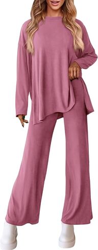 PRETTYGARDEN Women's Fall Two Piece Outfits Matching Lounge Sets Long Sleeve High Low Tops T Shirts Wide Leg Pants Tracksuits in Saudi Arabia