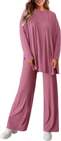 PRETTYGARDEN Women's Fall Two Piece Outfits Matching Lounge Sets Long Sleeve High Low Tops T Shirts Wide Leg Pants Tracksuits in Saudi Arabia