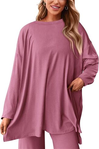 PRETTYGARDEN Women's Fall Two Piece Outfits Matching Lounge Sets Long Sleeve High Low Tops T Shirts Wide Leg Pants Tracksuits in Saudi Arabia