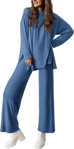 PRETTYGARDEN Women's Fall Two Piece Outfits Matching Lounge Sets Long Sleeve High Low Tops T Shirts Wide Leg Pants Tracksuits in Saudi Arabia