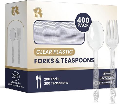 400 Count Plastic Silverware Heavy Duty - Clear Plastic Forks And Spoons Set - BPA Free Plastic Utensils Set - Heat Resistance Plastic Cutlery For All Occasions - 200 Forks And 200 Plastic Spoons in Saudi Arabia