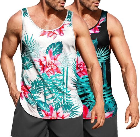 COOFANDY Mens Floral Tank Top Beach Summer Graphic Hawaii All Over Print Vacation T Shirt 2 Pack-Black/White Medium Sleeveless in Saudi Arabia