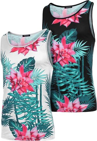 COOFANDY Mens Floral Tank Top Beach Summer Graphic Hawaii All Over Print Vacation T Shirt 2 Pack-Black/White Medium Sleeveless in Saudi Arabia