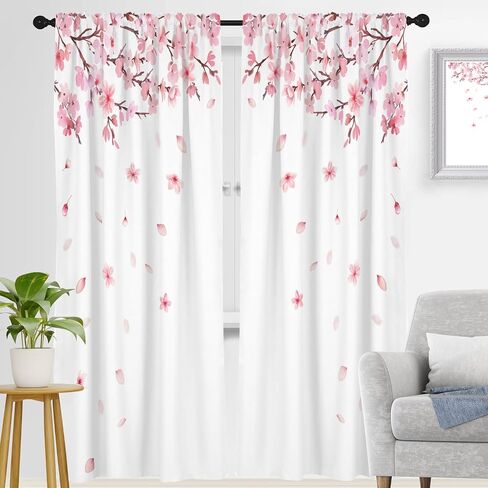 Pink and White Window Curtain Floral Flower Cherry Blossom Japanese Sakura Branches Garden Art Girls 52" W x 84" L Curtains for Bedroom Living Room 2 Panels Rod Pocket Drapes in Kuwait