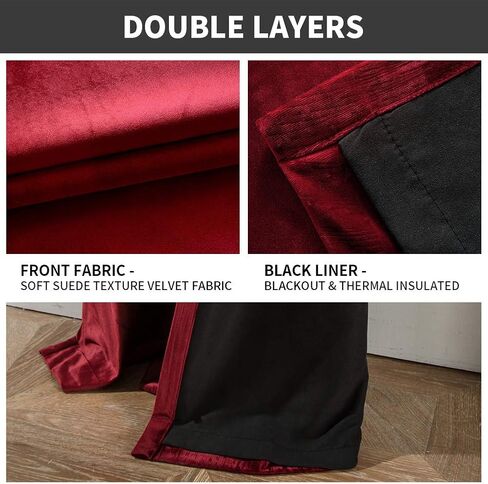 Melodieux 100% Blackout Velvet Curtains for Bedroom Living Room - Super Soft - Thermal Insulated Drapes with Black Liner, 52 by 84 Inch, Red (2 Panels) in Saudi Arabia