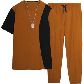 OYOANGLE Men's 2 Piece Outfits Colorblock Short Sleeve Tee Shirt and Drawstring Waist Sweatpants Set