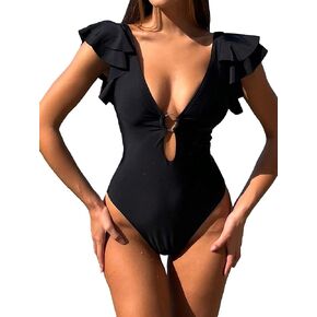 SweatyRocks Women's Deep V Neck Cut Out One Piece Swimsuit O-Ring Cheeky Bathing Suit