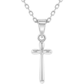 925 Sterling Silver Girl's 16" Round Edge Plain Stick Cross Pendant Necklace - Shiny Rounded Cross Charm Necklaces for Children & Preteens - Classic Religious Petite Cross Jewelry for Little Girls