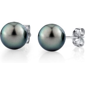 THE PEARL SOURCE 14K Gold AAAA Quality Round Green Tahitian South Sea Cultured Pearl Stud Earrings for Women