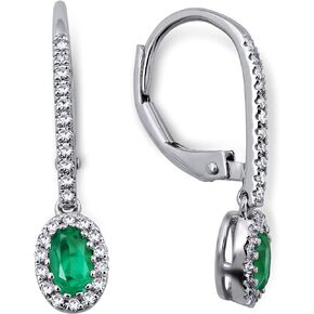 KOKAV 14K White Gold Genuine Emerald/Sapphire/Ruby Dangle Earrings with Diamonds