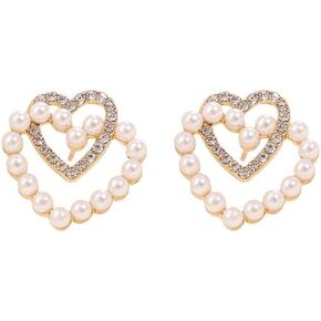 Pearl Heart Stud Earrings for Women Trendy Gold Love Heart Rhinestone Earrings Studs Double Heart Hoop Earrings for Girl Gifts