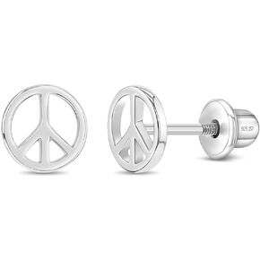 925 Sterling Silver Retro Peace Sign Screw Back Earrings For Little Girls, Preteens & Teens - Groovy 70's Girl Earrings For Themed Birthday - Peace Sign Jewelry For Little Girls