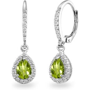 Sterling Silver Genuine or Synthetic Gemstone Halo Teardrop Dangle Leverback Earrings for Women Girls Bridesmaids