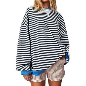 Fisoew Womens Striped Oversized Sweatshirt Color Block Crew Neck Long Sleeve Shirt Casual Loose Pullover Top Y2K Clothes