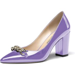 WAYDERNS Women's Gold Metal Chain Decoration Patent Pointed Toe Slip On Block High Heel Pumps Shoes 3.5 Inch