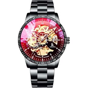 IK Men's Watch Skeleton Automatic Mechanical Wristwatch, Silver Golden Dial Tachymeter Black Stainless Steel Casual Steampunk Watch