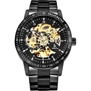 IK Men's Watch Skeleton Automatic Mechanical Wristwatch, Silver Golden Dial Tachymeter Black Stainless Steel Casual Steampunk Watch