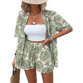 Floerns Women's 2 Piece Outfit Floral Print Button Front Shirt with Shorts Set