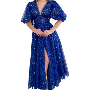 Clothfun Women's Puffy Sleeve Prom Dresses Sparkle Starry Tulle Tea Length Formal Evening Gowns with Slit