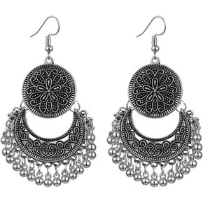 Boho Round Disc Flower Crescent Moon Beaded Ball Tassel Long Dangle Drop Earrings for Women Girls Dainty Bohemian Bali Vintage Chandelier Indian U Shaped Hook Dangling Hanging Lighweight Hypoallergenic Fashion Trendy Jewelry Gifts